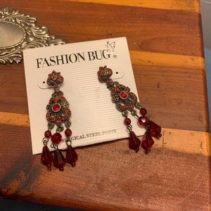 Fashion Bug Red Bead and Rhinestone Earrings